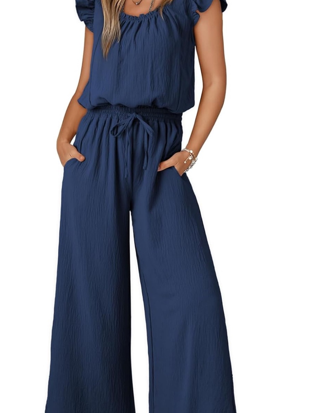 Dokotoo Blue Floral Smocked Wide Leg Jumpsuit Sleeveless Tank Romper